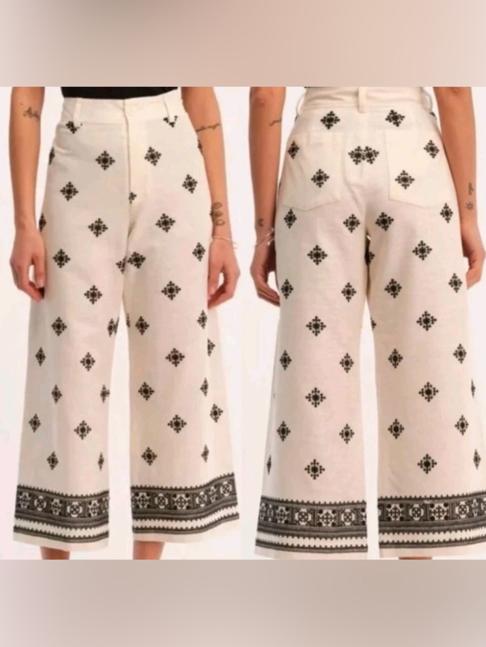 Elie Tahari Women’s Linen Blend Embroidered Wide Leg Cropped Pants Boho Cream 8